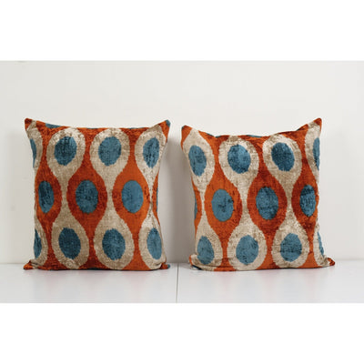 Set of Two Ikat Velvet Pillow, Pair Silk Ikat Cushion