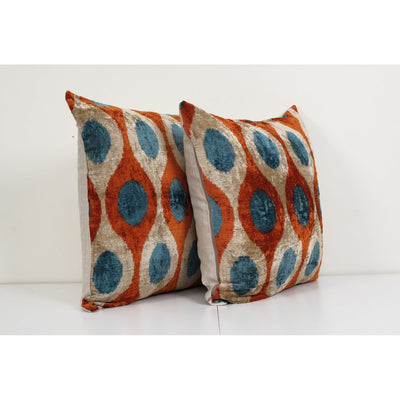 Set of Two Ikat Velvet Pillow, Pair Silk Ikat Cushion