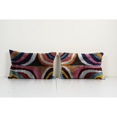 Pair Silk Ikat Velvet Pillow, Set of Two Silk Ikat Lumbar Cushion Cover