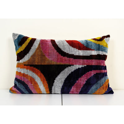 Ikat Velvet Pillow, Silk Ikat Lumbar Cushion Cover, Colorful Ikat Lumbar Pillows