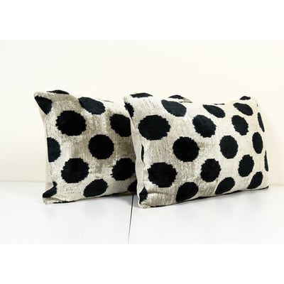Set of Two Ikat Black Polka Dot Lumbar Pillow