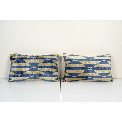 Pale blue Uzbek Ikat Velvet Pillowcase - Hand loomed Silk Ikat Lumbar Pillow