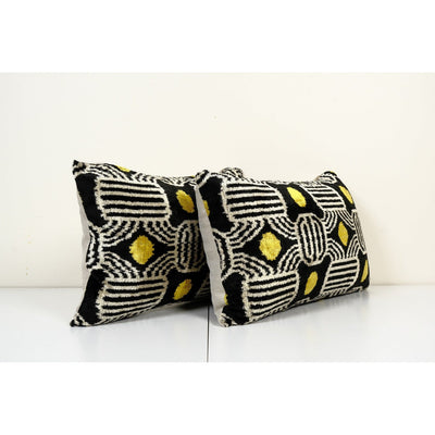 Set of Two Silk Ikat Velvet Pillow Cover, Lumbar Ethnic Cushion Cover