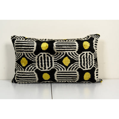 Silk Ikat Velvet Pillow Cover, Black and Yellow Motif Ikat Lumbar Pillow