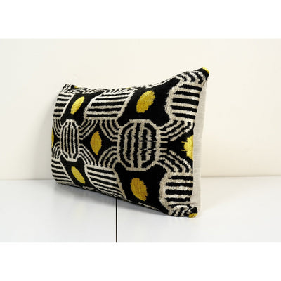 Silk Ikat Velvet Pillow Cover, Black and Yellow Motif Ikat Lumbar Pillow