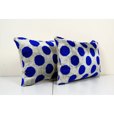 Ikat Blue Polka Dot Pillow Pillow Cover - Set of Two Silk Ethnic Velvet Lumbar