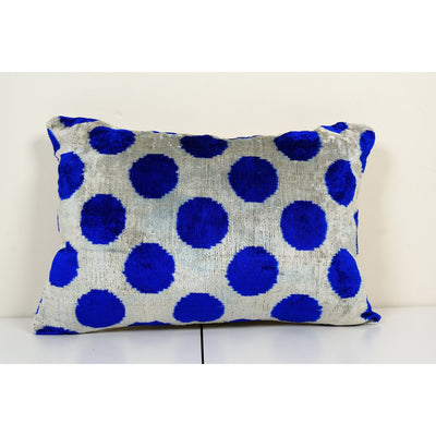 Blue Silk Ikat Velvet Pillow Cover, Handmade Polka Dot Ikat Lumbar Cushion Cover
