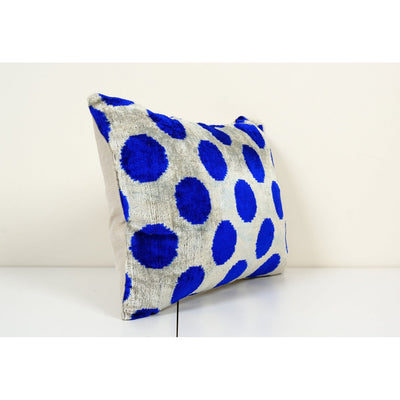 Blue Silk Ikat Velvet Pillow Cover, Handmade Polka Dot Ikat Lumbar Cushion Cover