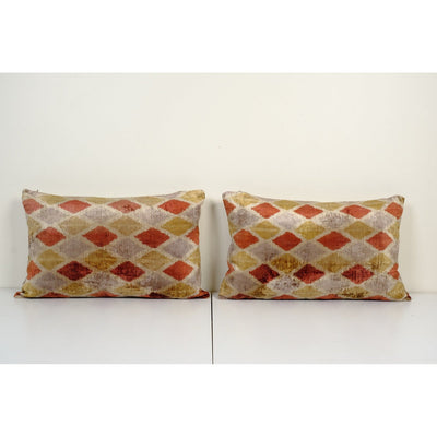 Set of Two Green Silk Ikat Velvet Pillow Cover, Pair Checkered Ikat Lumbar