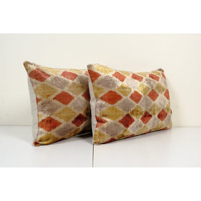 Set of Two Green Silk Ikat Velvet Pillow Cover, Pair Checkered Ikat Lumbar