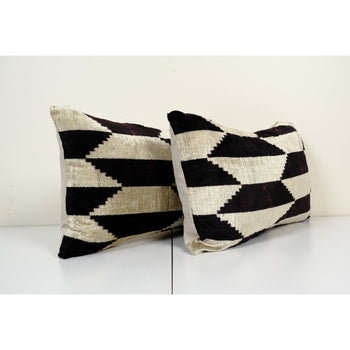 14" x 24" Set of Two Ikat Velvet Pillow, Silk Lumbar Cushion Cover