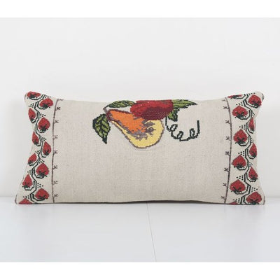 Embroided Turkish Kilim Pillow Cover, Aubusson Vase Design Kilim Rug Lumbar Pillow Cover, Vintage Floral Wool Kelim Cushion 11'' x 22''