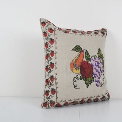 Vintage Handwoven Floral Pattern Kilim Pillow, Square Wool Kilim Pillow Cushion 20'' x 22''
