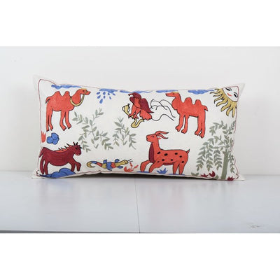Extra Long Lumbar Cushion Kingsize Suzani Pillow Cover, Cameli Horse and Deer Tribal Bedding Pillow Cover 18'' x 35''