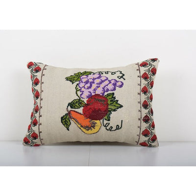Turkish Aubusson Floral Lumbar Kilim Pillow Cover, Organic Fruit Motifs Needlepoint Ethnic Cushion Cover 15'' x 22''