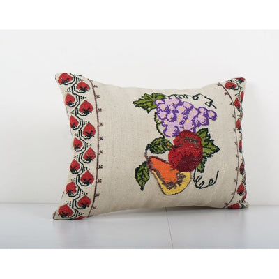 Turkish Aubusson Floral Lumbar Kilim Pillow Cover, Organic Fruit Motifs Needlepoint Ethnic Cushion Cover 15'' x 22''