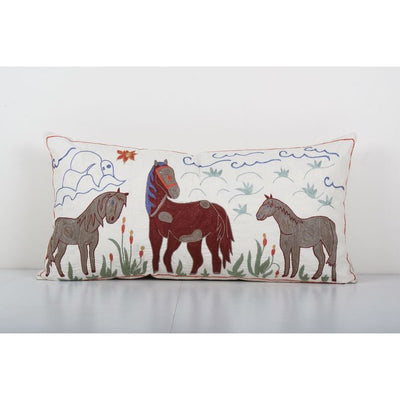 Turkish Horse Pictorial Suzani Cushion Cover, Suzani Animal Bedding Pillow Case Made from a 19th Century Suzani 18'' x 35''
