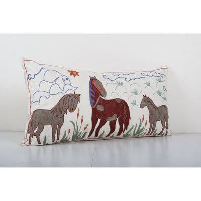 Turkish Horse Pictorial Suzani Cushion Cover, Suzani Animal Bedding Pillow Case Made from a 19th Century Suzani 18'' x 35''
