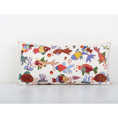 Suzani Fish Pillow, Embroidery Long Bedding Pillow, Fish Pattern Designer Cushion Case, Bedding Gift 18'' x 35''
