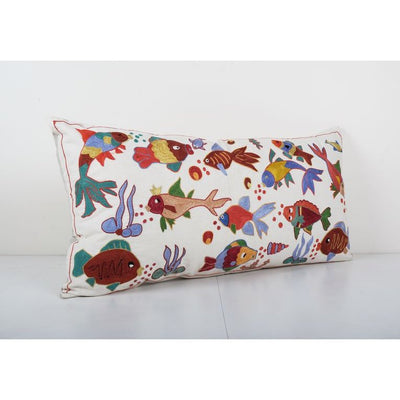 Suzani Fish Pillow, Embroidery Long Bedding Pillow, Fish Pattern Designer Cushion Case, Bedding Gift 18'' x 35''