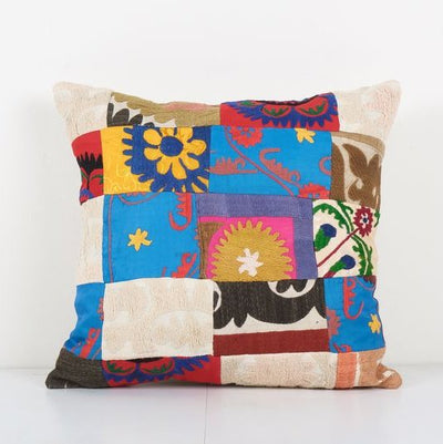 Vintage Turkish Patchwork Suzani Pillow, Suzani Pillow Case Fashioned from a 19th Century Suzani from Uzbekistan, Home Decor 18'' x 19''