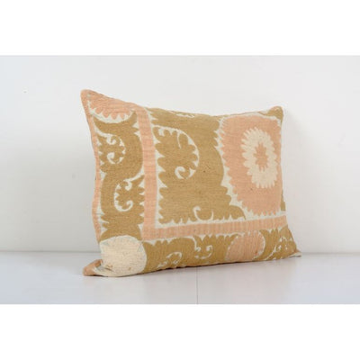 Pink and Tan Suzani Lumbar Cushion Cover, Tribal House Decor- Embroidery Handmade Embroidery Pillows 20'' x 26''