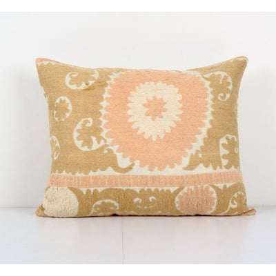 Suzani Ethnic Lumbar Pillow Case Fashioned from a Mid-20th Century Uzbek Suzani with Soft Pastel Cushion 20'' x 24''