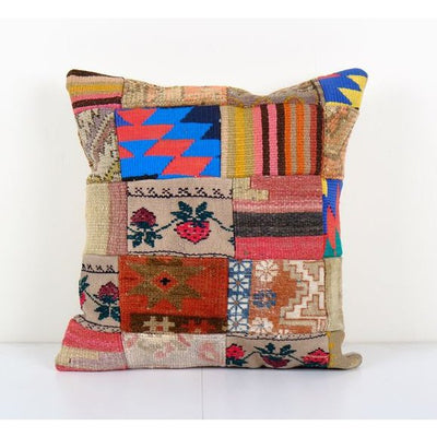 Vintage Turkish Handmade Large Patchwork Cushion, Flat-Weave Kilim Rug Fregment Pillow, Boho Home Decor 19'' x 20''