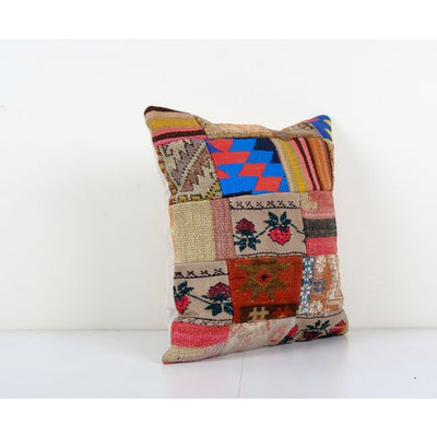 Vintage Turkish Handmade Large Patchwork Cushion, Flat-Weave Kilim Rug Fregment Pillow, Boho Home Decor 19'' x 20''