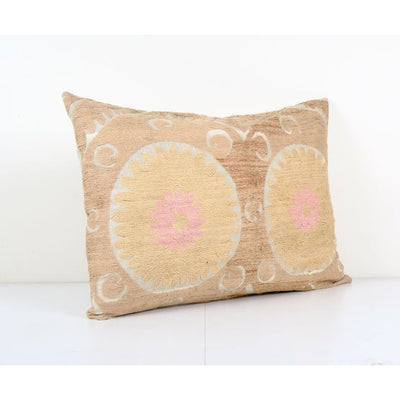 Uzbek Faded Beige Suzani Cushion Cover, Suzani Pillow Case Made from a 19th Century Textile, Tashkent Lumbar Cushion Cover 22'' x 32''