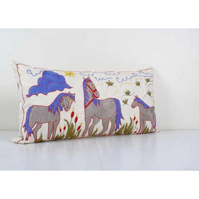 Suzani Horse Pictorial With Horse Design Pillow Case, Animal Pictorial Cotton Suzani Cushion Cover 18'' x 35''