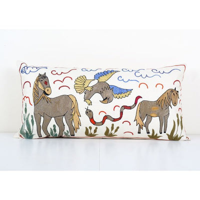 Vintage Long Animal Suzani Pillow Cover, Fish Motif Tribal Cushion Cover, 1960s Handmade Samarkand Uzbek Suzani Textile Art 18'' x 35''