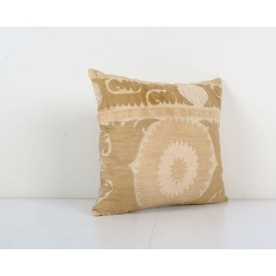 Suzani Beige Pillow Fashioned from Uzbek Textile - Muted Lumbar Square Hand Embroidered Pillow Cover - Boho Ethnic Cushion Cover 18'' x 20''