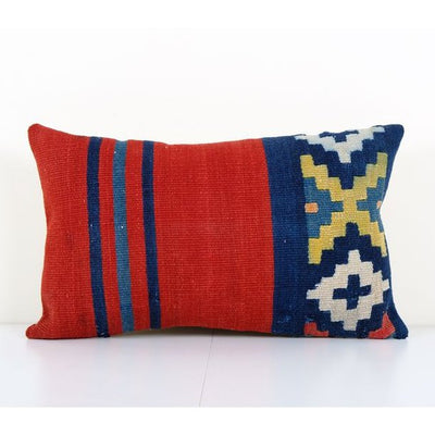Handmade Organic Wool Lumbar Red Kilim Pillow Cover, Ethnic Chair Cushion Decor from Anatolian 14'' x 22''