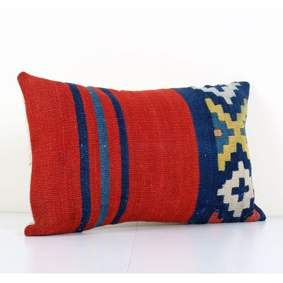 Handmade Organic Wool Lumbar Red Kilim Pillow Cover, Ethnic Chair Cushion Decor from Anatolian 14'' x 22''