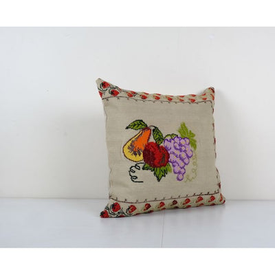 Vintage Handwoven Floral Pattern Square Kilim Pillow, Grape Design French Decor Needlepoint Kilim Cushion 21'' x 22''