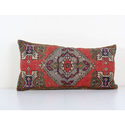 Vintage Turkish Carpet Rug Pillow Cover, Tribal Design Anatolian Cushion Cover, Old Pale Rug Lumbar Throw Pillow 18'' x 35''