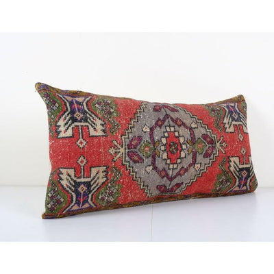 Vintage Turkish Carpet Rug Pillow Cover, Tribal Design Anatolian Cushion Cover, Old Pale Rug Lumbar Throw Pillow 18'' x 35''