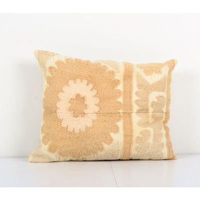 Rectangular Decorative Cotton Pastel Suzani Lumbar Pillow Cover, Muted Beige Ethnic Cushion Cover 14'' x 17''