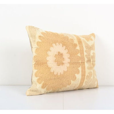 Rectangular Decorative Cotton Pastel Suzani Lumbar Pillow Cover, Muted Beige Ethnic Cushion Cover 14'' x 17''