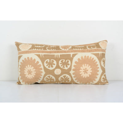 Faded Brown Vintage Suzani Lumbar Pillow Fashioned from a Mid-20th Century Samarkand Suzani, Ethnic Boho Bedding Cushion Cover 19'' x 36''