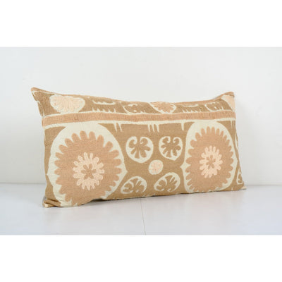 Faded Brown Vintage Suzani Lumbar Pillow Fashioned from a Mid-20th Century Samarkand Suzani, Ethnic Boho Bedding Cushion Cover 19'' x 36''