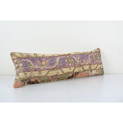 Anatolian Bedding Rug Pillow, Ethnic Vintage Handmade Lumbar Cover, Vintage Carpet Soft Wool Muted Blue Bedding Pillowcase 12'' x 40''