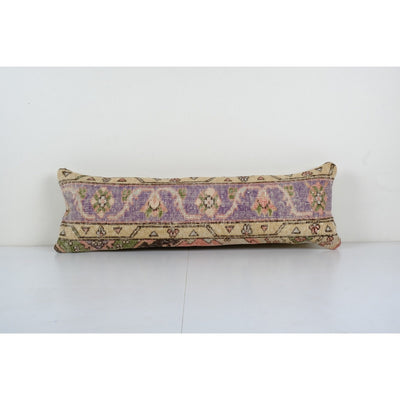 Pillow Case Fashioned from a Vintage Turkish Wool Cover, Mid-20th Century Anatolian Bed Carpet Cushion 12'' x 35''