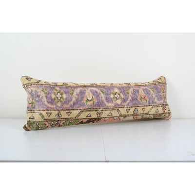 Pillow Case Fashioned from a Vintage Turkish Wool Cover, Mid-20th Century Anatolian Bed Carpet Cushion 12'' x 35''