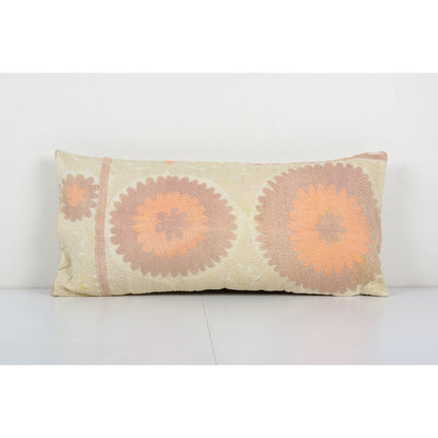 Turkish Pink Suzani Cushion Cover, Suzani Hippie Bed Pillow Case Made from a 19th Century Suzani, Uzbekistan 13'' x 30''
