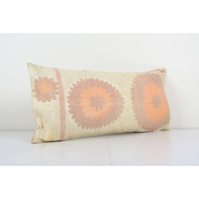 Turkish Pink Suzani Cushion Cover, Suzani Hippie Bed Pillow Case Made from a 19th Century Suzani, Uzbekistan 13'' x 30''