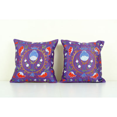 Suzani Silk on Silk Pillow, Set of Two Uzbek Silk Purple Embroidery Cushion 19'' x 19''