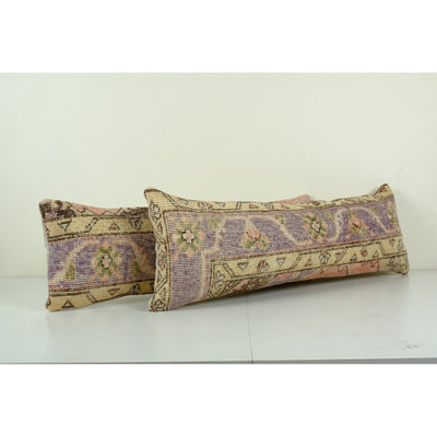 Vintage Turkish Oushak Rug Pillow Cover, Set Handmade Blue Carpet Cushion Cover, Pair Faded Ethnic Pillow Cover 12'' x 35''