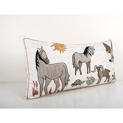 Uzbek Long Suzani Bed Cushion Cover with Animal Motif, Horse Bukhara Pillow Case Made from Cotton Fabric 18'' x 35''